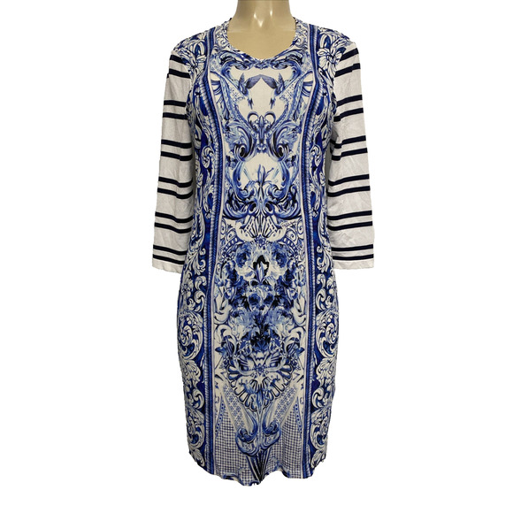 Roberto Cavalli Dress Blue Bird Floral 3/4 Sleeve Crew Neck Sheath Knee 48 12 - Picture 1 of 13